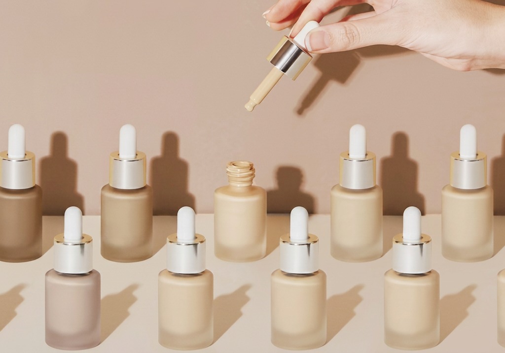 Foundation bottles in graduating shades with a hand holding a dropper