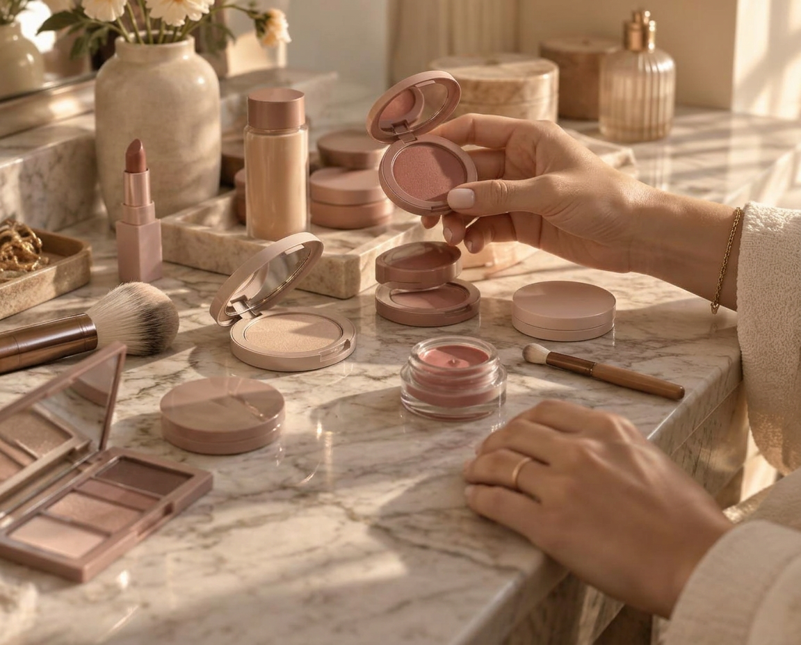 Sorting through a collection of makeup in soft rose and nude shades on a sunlit vanity counter