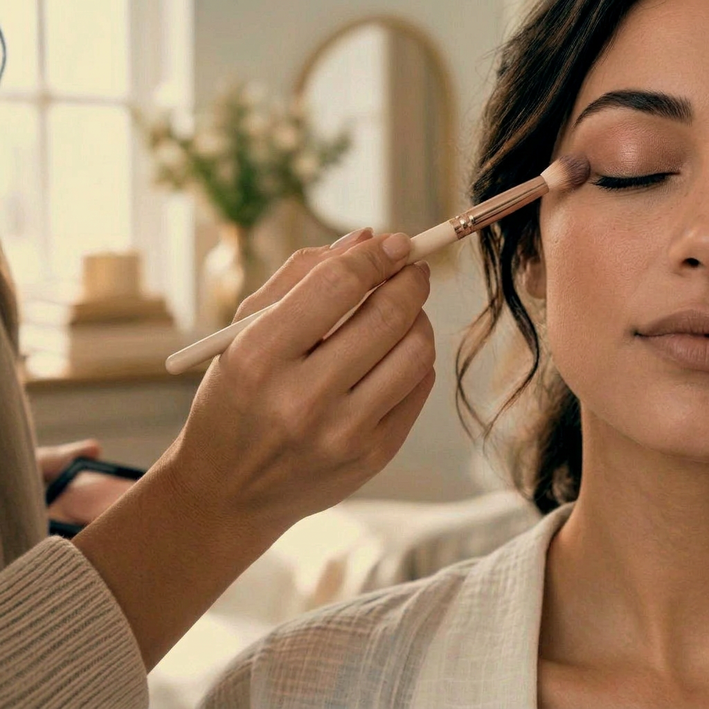 Makeup artist applying eyeshadow with a brush during an in-home makeup lesson