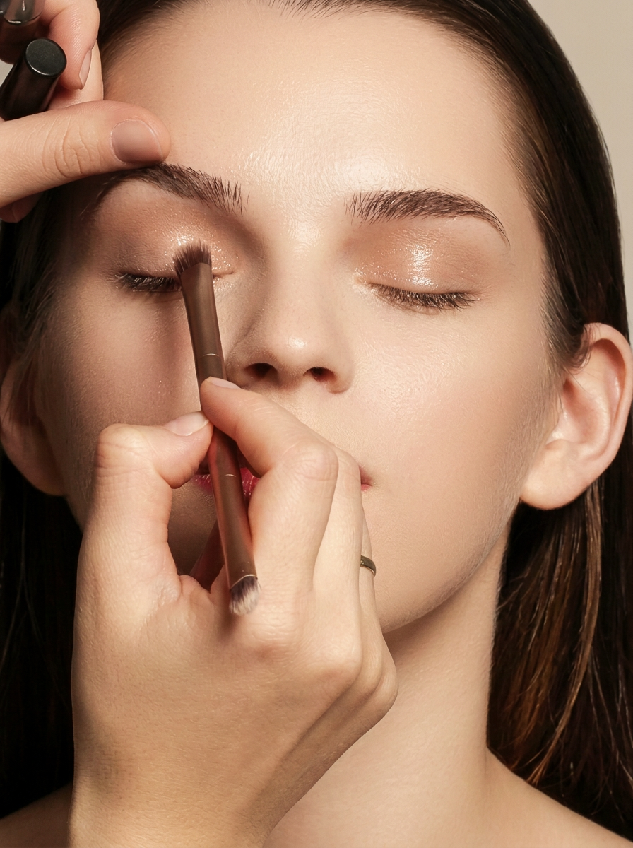 Makeup artist applying a soft shimmery eyeshadow during a private lesson
