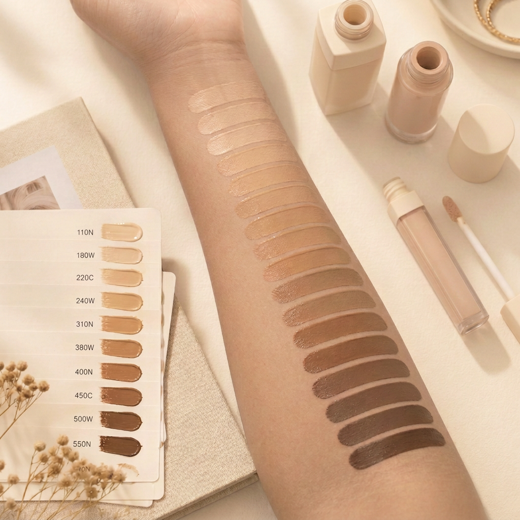 Foundation shade swatches matched along a forearm beside a shade chart