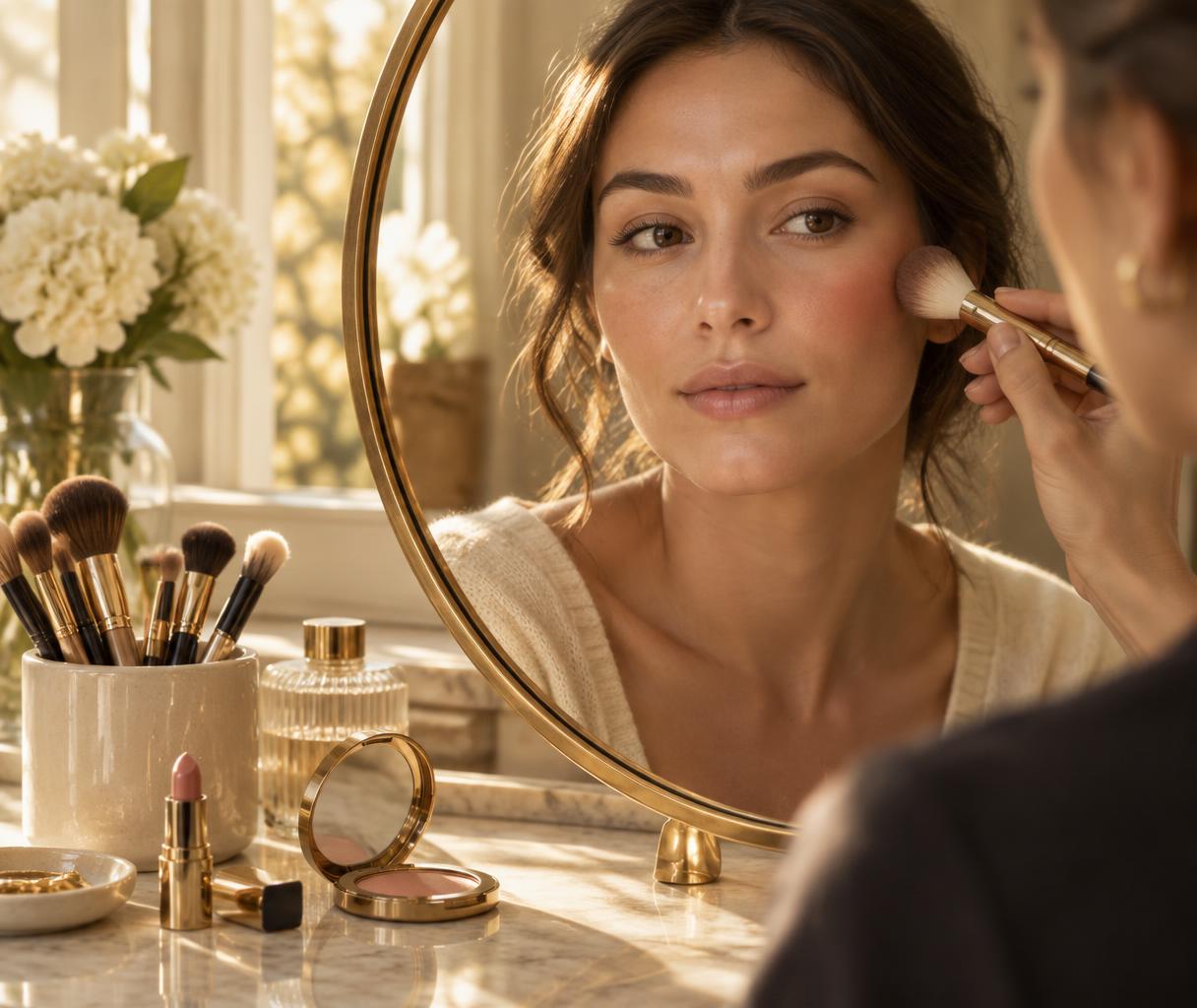 Makeup artist applying blush to one side of a client's face at her vanity mirror during a private lesson
