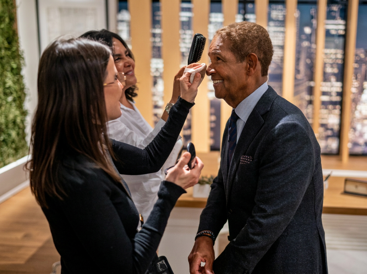 Shira touching up a television host's makeup on set